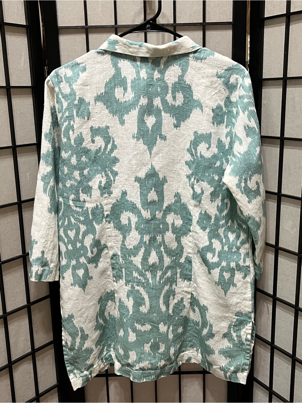 CONNIE ROBERSON TEAL & WHITE IKAT PRINT LINEN BUTTON DOWN SHIRT/TUNIC SIZE M - Picture 6 of 11